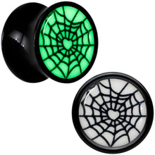 Load image into Gallery viewer, Black Acrylic Heart Spider Web Glow in the Dark Double Flare Plug Set by Onyx O
