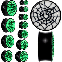 Load image into Gallery viewer, Black Acrylic Heart Spider Web Glow in the Dark Double Flare Plug Set by Onyx O
