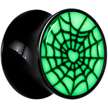 Load image into Gallery viewer, Black Acrylic Heart Spider Web Glow in the Dark Double Flare Plug Set by Onyx O
