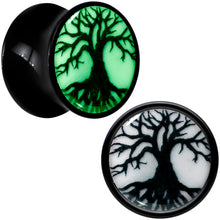 Load image into Gallery viewer, Black Acrylic Tree Of Life Glow in the Dark Double Flare Plug Set by Onyx O
