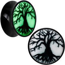 Load image into Gallery viewer, Black Acrylic Tree Of Life Glow in the Dark Double Flare Plug Set by Onyx O
