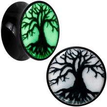 Load image into Gallery viewer, Black Acrylic Tree Of Life Glow in the Dark Double Flare Plug Set by Onyx O
