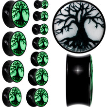 Load image into Gallery viewer, Black Acrylic Tree Of Life Glow in the Dark Double Flare Plug Set by Onyx O
