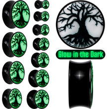 Load image into Gallery viewer, Black Acrylic Tree Of Life Glow in the Dark Double Flare Plug Set by Onyx O
