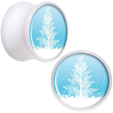 Load image into Gallery viewer, Winter Snow Covered Tree White Acrylic Saddle Plug Set Sizes 5mm to 20mm
