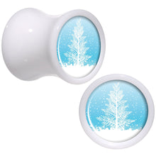 Load image into Gallery viewer, Winter Snow Covered Tree White Acrylic Saddle Plug Set Sizes 5mm to 20mm
