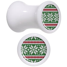 Load image into Gallery viewer, Green Red Christmas Sweater White Acrylic Saddle Plug Set Sizes 5mm to 20mm
