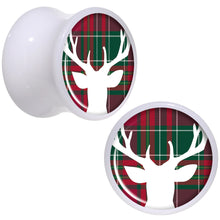 Load image into Gallery viewer, Red Green Plaid Reindeer White Acrylic Saddle Plug Set Sizes 5mm to 20mm
