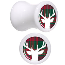 Load image into Gallery viewer, Red Green Plaid Reindeer White Acrylic Saddle Plug Set Sizes 5mm to 20mm
