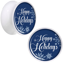 Load image into Gallery viewer, Happy Holidays Snowflake White Acrylic Saddle Plug Set Sizes 8mm to 20mm
