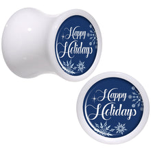 Load image into Gallery viewer, Happy Holidays Snowflake White Acrylic Saddle Plug Set Sizes 8mm to 20mm
