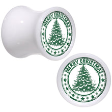 Load image into Gallery viewer, Merry Christmas Tree White Acrylic Saddle Plug Set Sizes 5mm to 20mm
