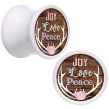 Load image into Gallery viewer, Rustic Joy Love Peace Antlers White Acrylic Saddle Plug Set Sizes 5mm to 20mm
