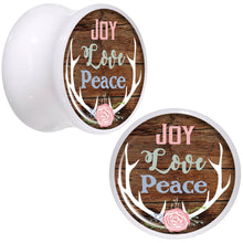 Load image into Gallery viewer, Rustic Joy Love Peace Antlers White Acrylic Saddle Plug Set Sizes 5mm to 20mm
