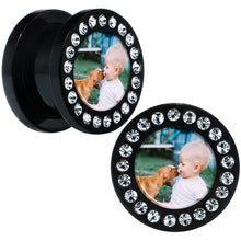 Load image into Gallery viewer, Black Acrylic Custom Photo Gem Screw Fit Plug - buy 2 for a pair
