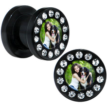 Load image into Gallery viewer, Black Acrylic Custom Photo Gem Screw Fit Plug - buy 2 for a pair
