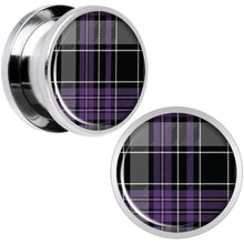 Load image into Gallery viewer, Winter Purple Black Plaid Screw Fit Plug Set Sizes 5mm to 20mm
