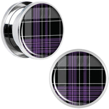 Load image into Gallery viewer, Winter Purple Black Plaid Screw Fit Plug Set Sizes 5mm to 20mm
