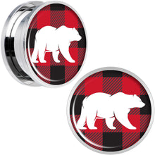 Load image into Gallery viewer, Red Black Plaid Polar Bear Screw Fit Plug Set Sizes 5mm to 20mm
