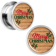 Load image into Gallery viewer, Rustic Wood Merry Christmas Screw Fit Plug Set Sizes 6mm to 20mm
