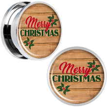 Load image into Gallery viewer, Rustic Wood Merry Christmas Screw Fit Plug Set Sizes 6mm to 20mm
