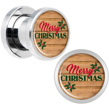 Load image into Gallery viewer, Rustic Wood Merry Christmas Screw Fit Plug Set Sizes 6mm to 20mm
