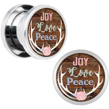 Load image into Gallery viewer, Rustic Joy Love Peace Antlers Screw Fit Plug Set Sizes 5mm to 20mm
