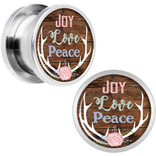 Load image into Gallery viewer, Rustic Joy Love Peace Antlers Screw Fit Plug Set Sizes 5mm to 20mm
