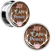 Load image into Gallery viewer, Rustic Joy Love Peace Antlers Screw Fit Plug Set Sizes 5mm to 20mm

