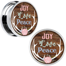 Load image into Gallery viewer, Rustic Joy Love Peace Antlers Screw Fit Plug Set Sizes 5mm to 20mm
