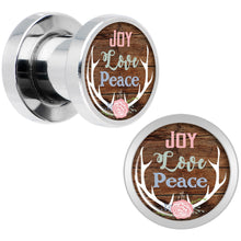 Load image into Gallery viewer, Rustic Joy Love Peace Antlers Screw Fit Plug Set Sizes 5mm to 20mm
