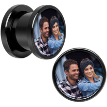 Load image into Gallery viewer, Anodized Black Titanium Custom Photo Screw Fit Plug - buy 2 for a pair
