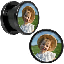 Load image into Gallery viewer, Anodized Black Titanium Custom Photo Screw Fit Plug - buy 2 for a pair
