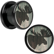 Load image into Gallery viewer, Holiday Rustic Wood Moose Black Screw Fit Plug Set Sizes 5mm to 20mm
