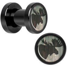 Load image into Gallery viewer, Holiday Rustic Wood Moose Black Screw Fit Plug Set Sizes 5mm to 20mm
