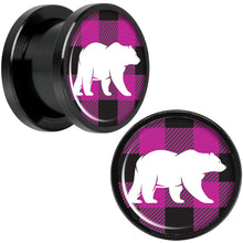 Load image into Gallery viewer, Pink Black Plaid Polar Bear Black Screw Fit Plug Set Sizes 5mm to 20mm
