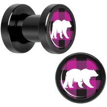 Load image into Gallery viewer, Pink Black Plaid Polar Bear Black Screw Fit Plug Set Sizes 5mm to 20mm
