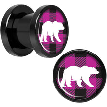 Load image into Gallery viewer, Pink Black Plaid Polar Bear Black Screw Fit Plug Set Sizes 5mm to 20mm
