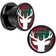 Load image into Gallery viewer, Red Green Plaid Reindeer Black Screw Fit Plug Set Sizes 5mm to 20mm
