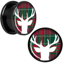 Load image into Gallery viewer, Red Green Plaid Reindeer Black Screw Fit Plug Set Sizes 5mm to 20mm
