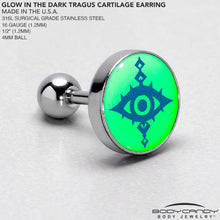 Load image into Gallery viewer, 16G 1/4 Glow in the Dark Evil Eye Tragus Cartilage Earring by Onyx O
