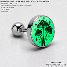 Load image into Gallery viewer, 16G 1/4 Glow in the Dark Mystic Mushroom Tragus Cartilage Earring by Onyx O
