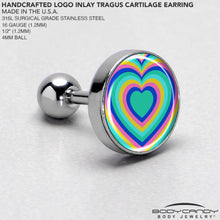 Load image into Gallery viewer, 16G 1/4 Rainbow Retro Heart Tragus Cartilage Earring by Onyx O
