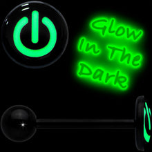Load image into Gallery viewer, Power Button Glow in the Dark Black Anodized Barbell Tongue Ring
