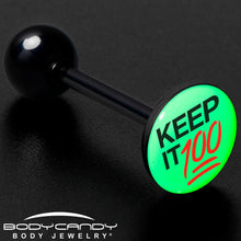 Load image into Gallery viewer, Glow in the Dark Black Anodized Keep it 100 Barbell Tongue Ring by Onyx O

