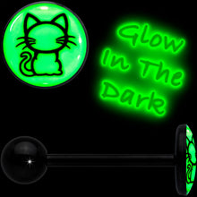Load image into Gallery viewer, Glow in the Dark Black Anodized Kitty Cat Barbell Tongue Ring by Onyx O
