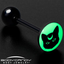 Load image into Gallery viewer, Glow in the Dark Black Anodized Mystic Kitty Cat Barbell Tongue Ring by Onyx O

