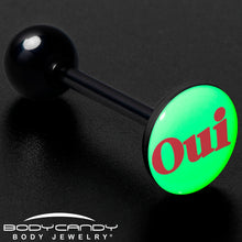 Load image into Gallery viewer, Glow in the Dark Black Anodized OUI Barbell Tongue Ring by Onyx O
