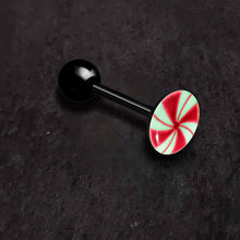 Load image into Gallery viewer, Glow in the Dark Black Anodized Holiday Peppermint Candy Barbell Tongue Ring by Onyx O
