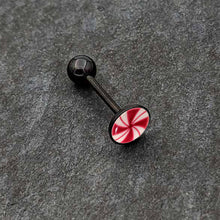 Load image into Gallery viewer, Glow in the Dark Black Anodized Holiday Peppermint Candy Barbell Tongue Ring by Onyx O
